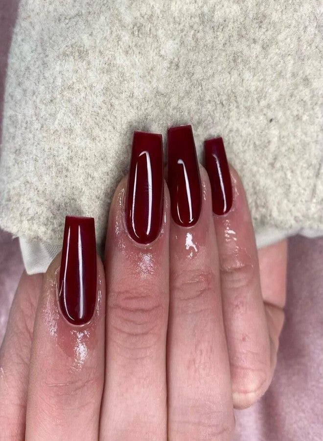 KQueenest Marron Red Press on Nails Long Medium Square, Burgundy Red Fake Nails Medium Coffin, Glossy Opaque Color Acrylic Nails Press ons, Reusable Dark Soft Gel Glue on Nails for Women Fall Winter - Image 3